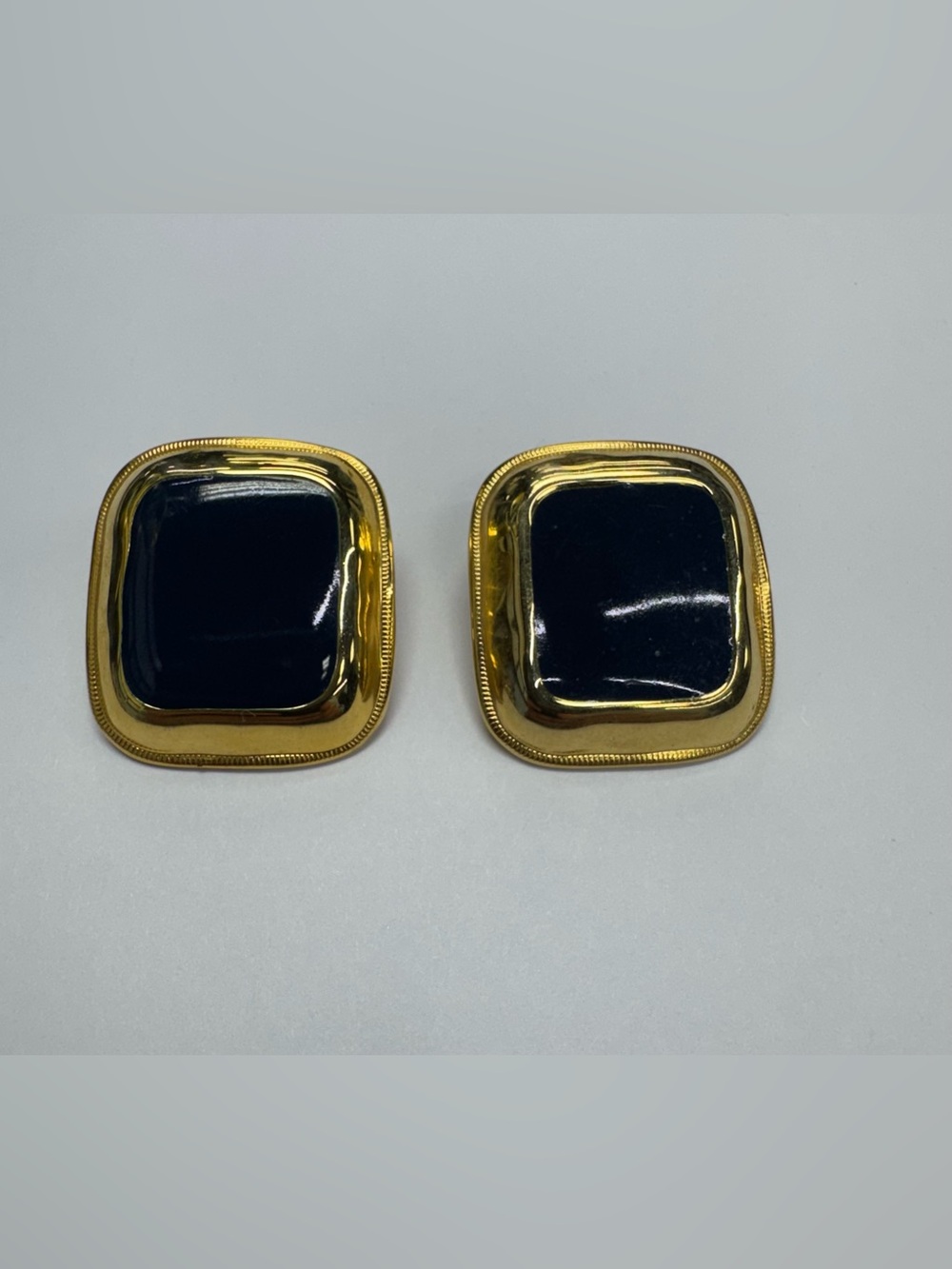 Chic 80s/90s Style Gold & Dark Blue Enamel Square Cushion Earrings